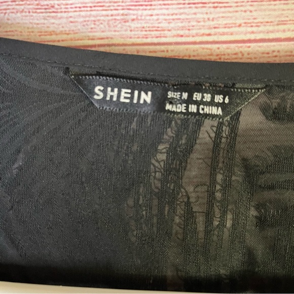 Shein VNeck With Tie Black Fuzzy Long Sleeve Blouse Size Medium - Picture 2 of 5